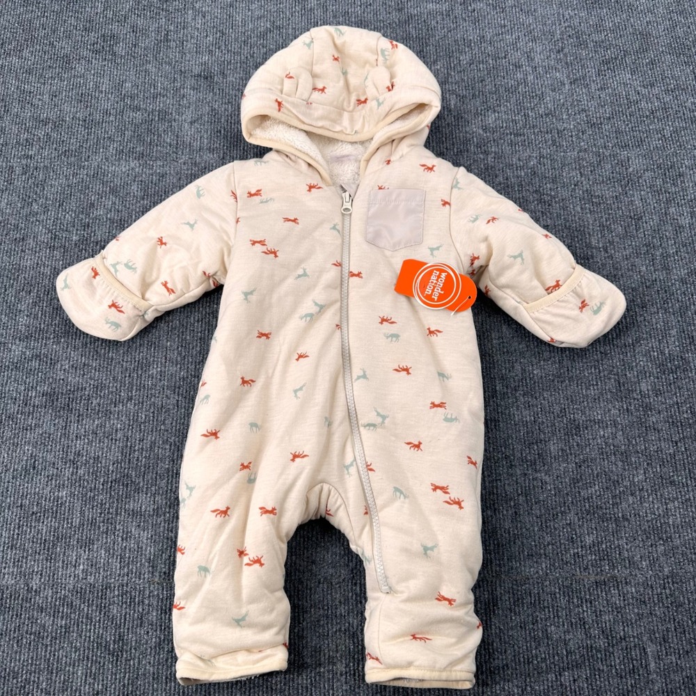Wonder Nation Pram Suit Baby 3-6M Sherpa Lined Fox Deer Khaki Winter Snowsuit